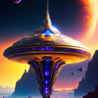 Golden spaceship with blue glowing elements in alien landscape under twilight sky