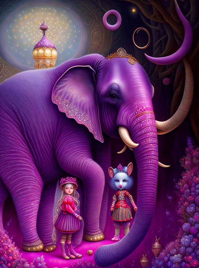 Colorful Illustration: Purple Elephant, Tower, Queen, Mouse, Mystical Background