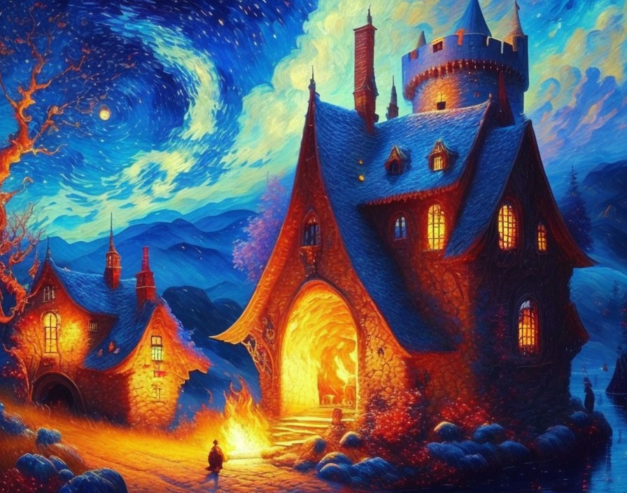 Enchanting night scene with warm cottage and towering castle