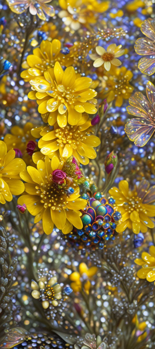 Bright yellow flowers with water droplets and iridescent bubbles on colorful bokeh background