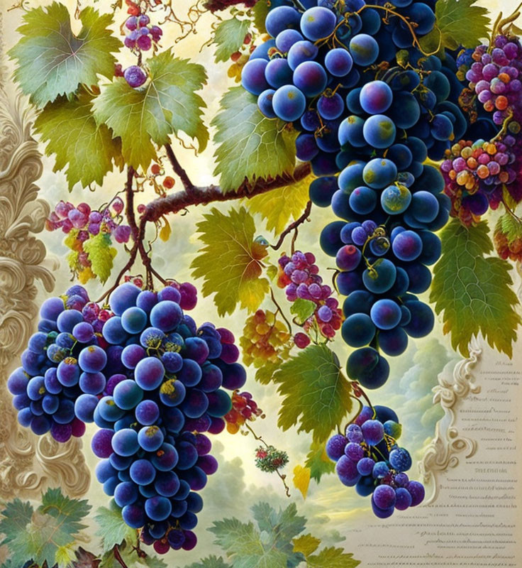 Detailed Grape Clusters on Vine with Ornate Background and Script Text