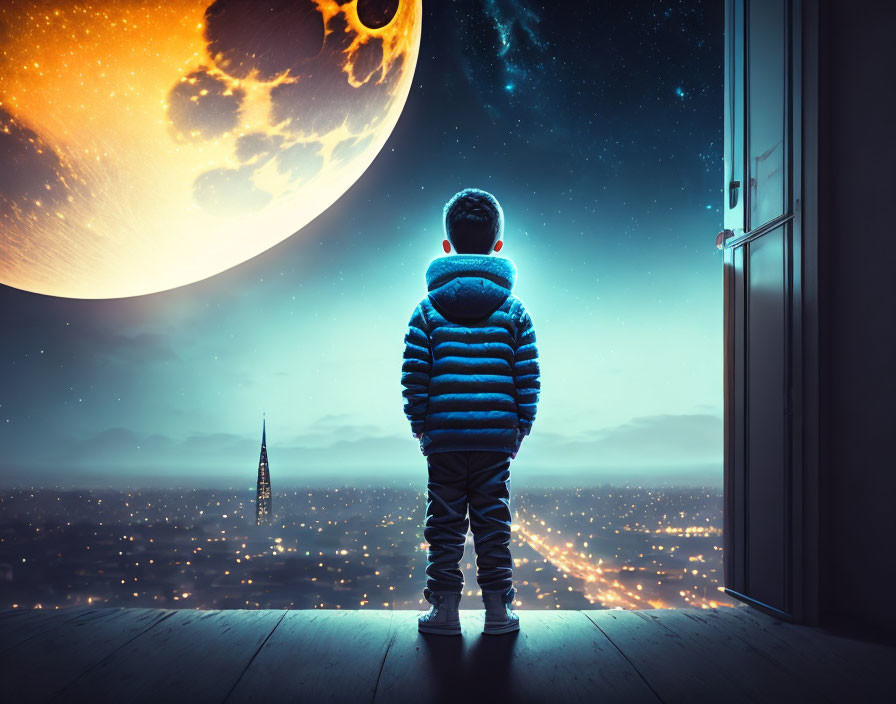 Child in Blue Jacket Gazes at Moon Over City Skyline at Night