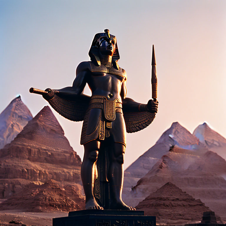 Egyptian Pharaoh Statue with Spear at Sunset by Pyramids