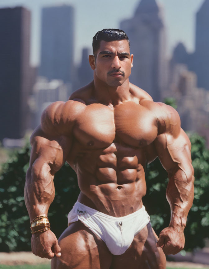 Muscular man in white briefs poses against city skyscrapers