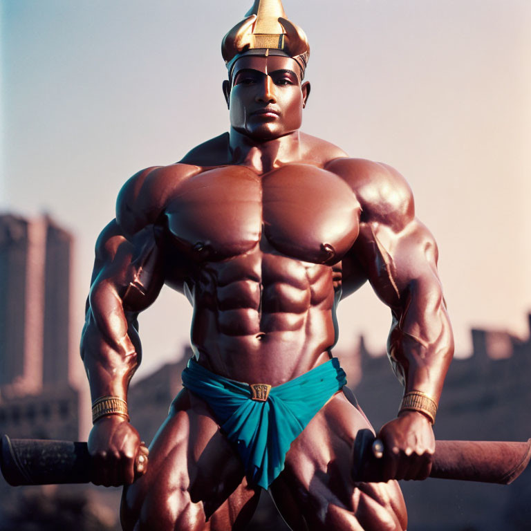 Muscular pharaoh in golden headpiece with staff against city skyline