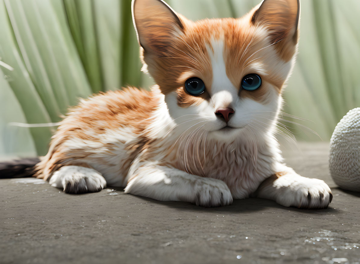 Orange and White Kitten with Blue Eyes Next to Yarn Ball