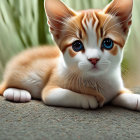 Orange and White Kitten with Blue Eyes Next to Yarn Ball