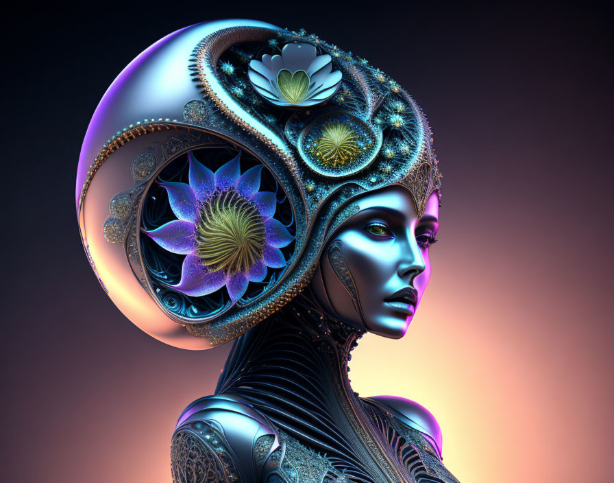 Futuristic female figure with ornate robotic headpiece and floral designs