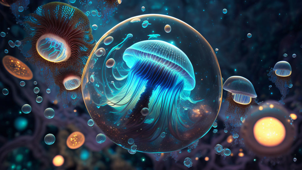 Bioluminescent jellyfish in glowing underwater digital art