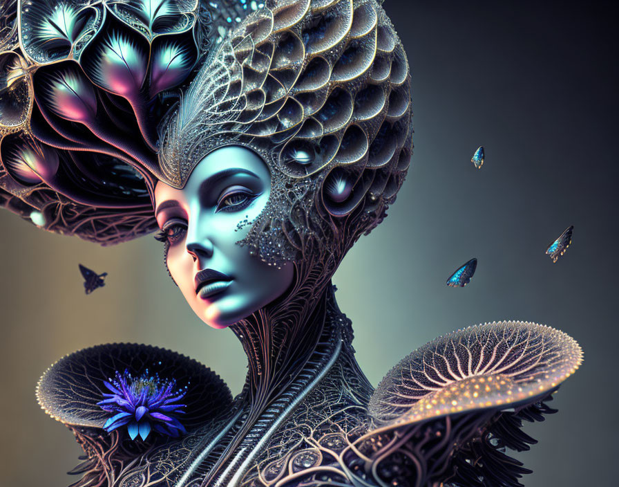 Fantasy digital artwork of woman with elaborate headdress & metallic skin