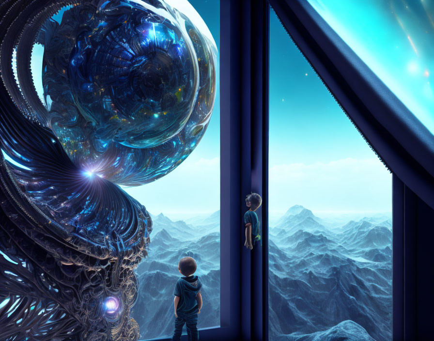 Child observing surreal orb structure on futuristic balcony overlooking alien landscape