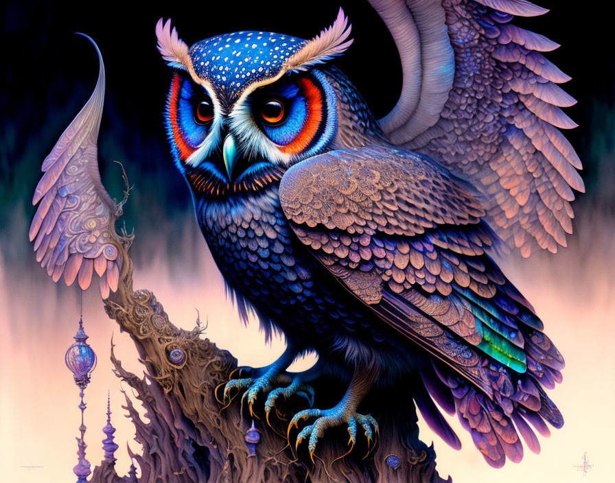 Vibrant owl painting with intricate feather patterns and lanterns