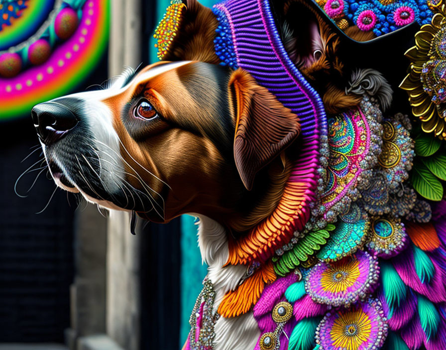 Colorful Folk Art Dog with Vibrant Patterns and Textiles