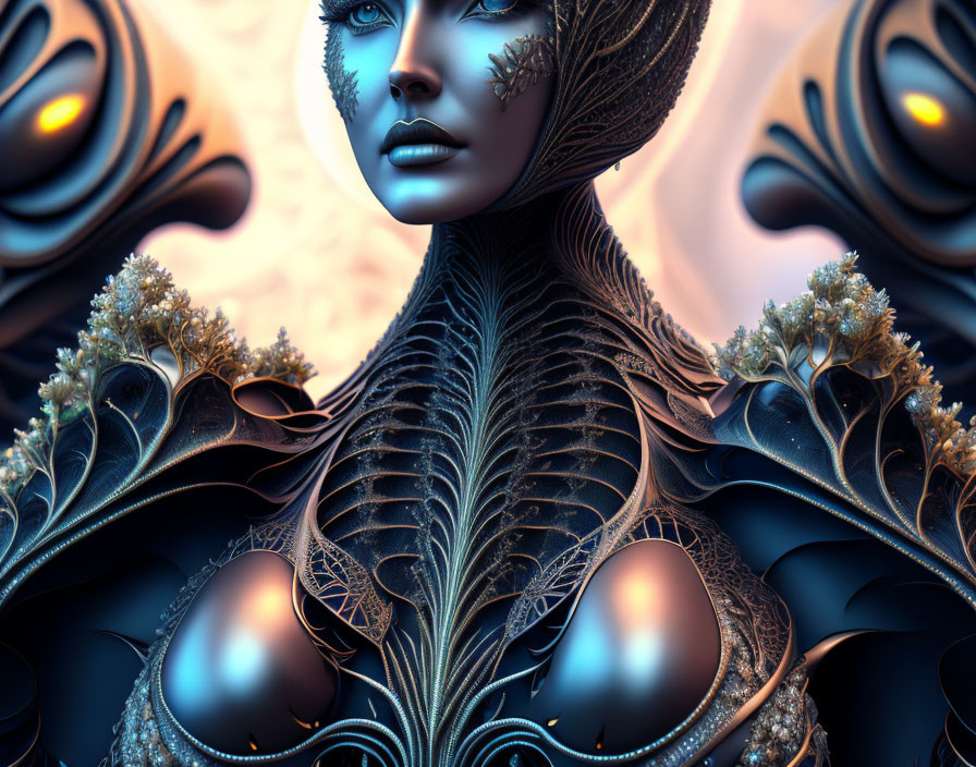 Surreal artwork: Female figure with metallic-blue skin and tree-like structures in abstract setting