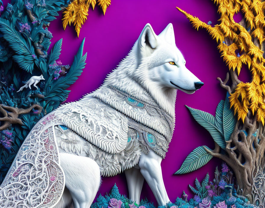 Detailed White Wolf Illustration with Intricate Patterns on Vibrant Purple Floral Background