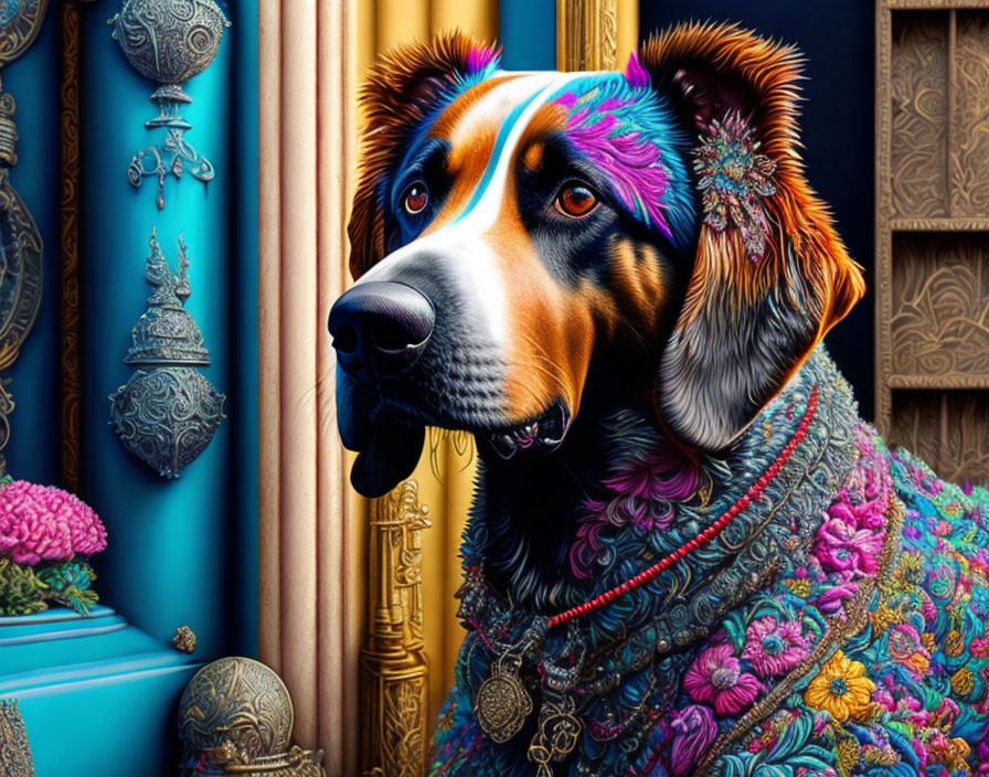 Colorful Digital Illustration of Regal Dog with Ornate Details