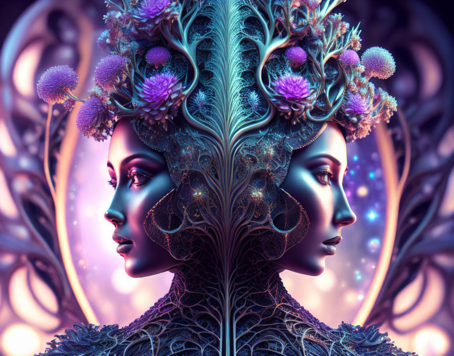 Symmetrical artwork of two female faces with botanical headpieces on ornate cosmic background