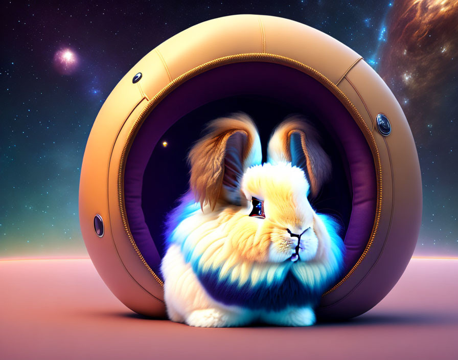 Fluffy bunny in futuristic circular pod with cosmic backdrop