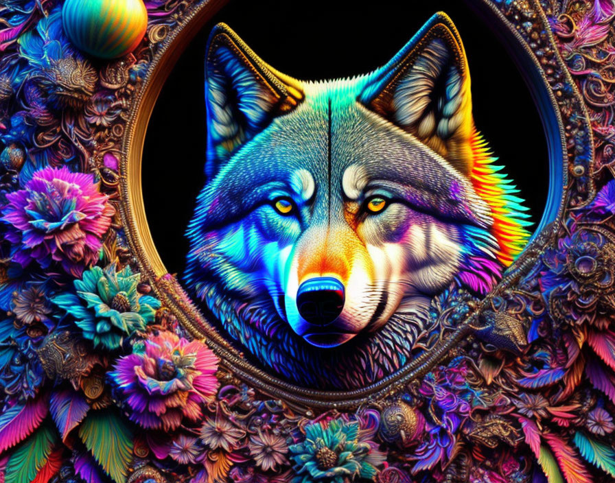 Vibrant wolf face with psychedelic floral motif