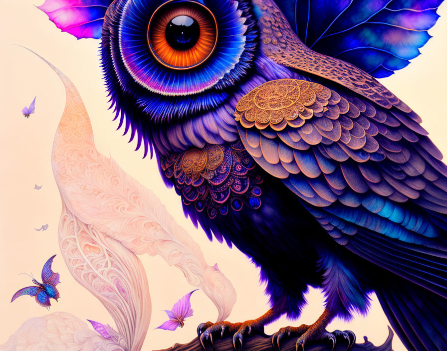 Vibrant owl illustration with butterflies on pastel background