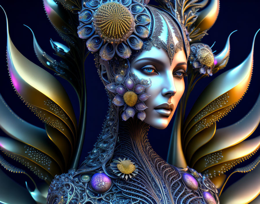 Intricate gold and blue jewelry on woman with metallic floral patterns