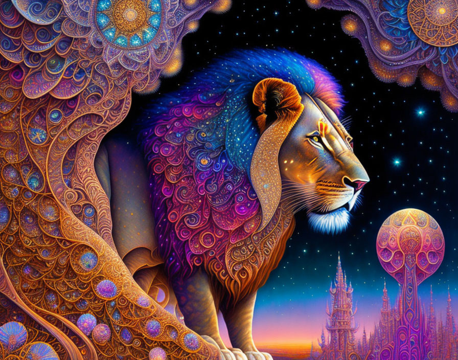 Majestic lion with cosmic mane and celestial patterns