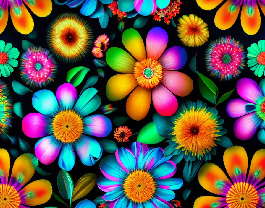 Digitally-created multi-colored neon-like flowers on a dark background