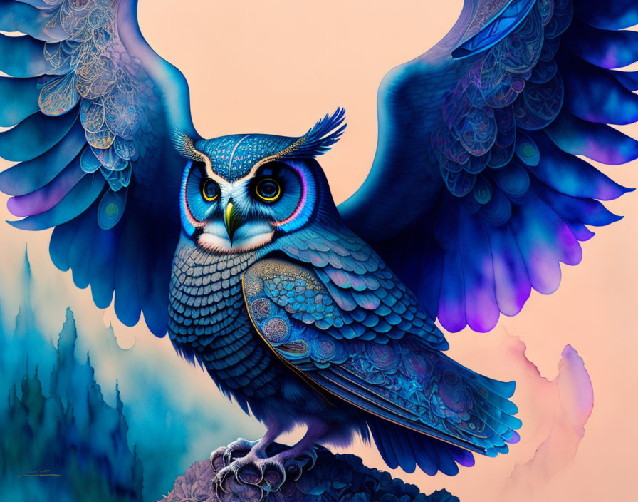 Vibrant owl illustration with blue and purple feathers in forest setting