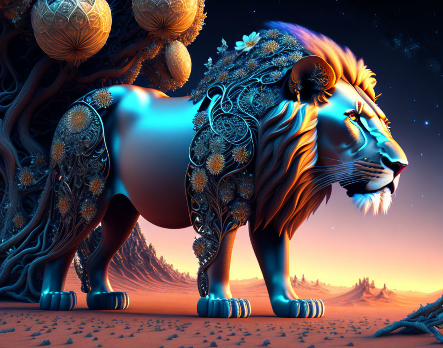 Majestic lion digital art: ornate decor, glowing blue eyes, surreal desert twilight.