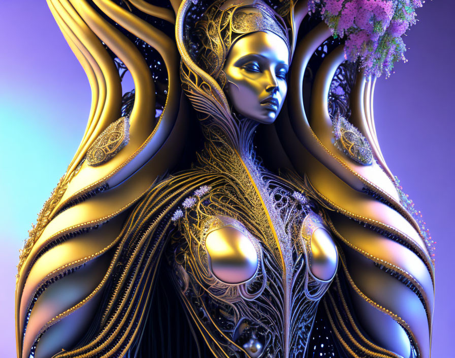 Stylized female figure with golden patterns on purple background