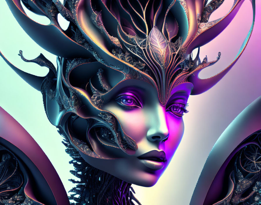 Detailed 3D female figure with ornate tree branch headdress in purple, blue, and metallic