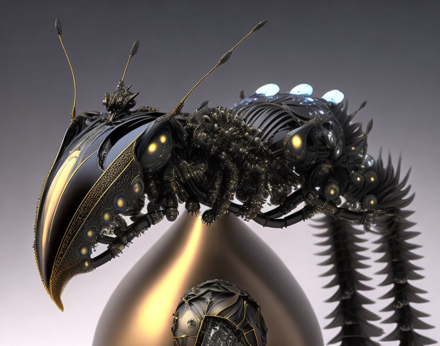 Detailed 3D Digital Artwork: Mechanical Insect with Metal Components and Blue Glow