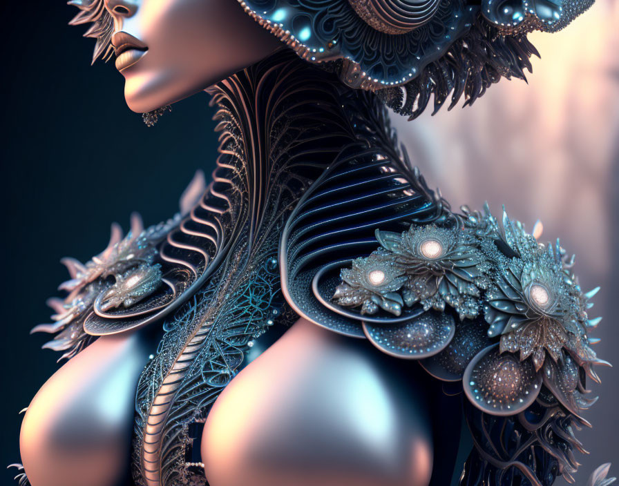 Detailed 3D-rendered female figure with metallic adornments