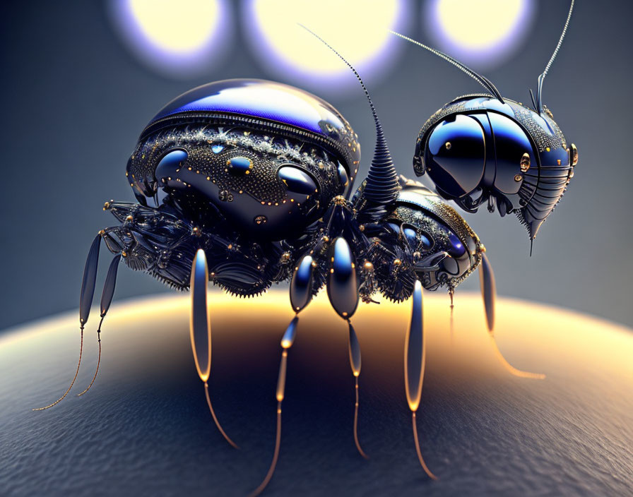 Futuristic metallic beetles on amber background: insect and robotic blend