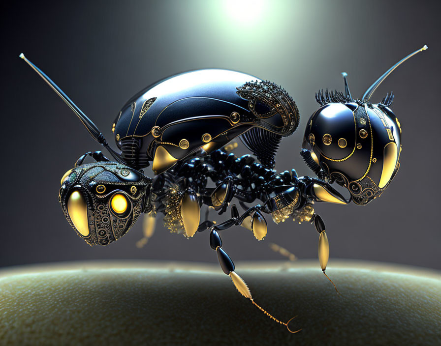 Intricate metallic robotic ant on smooth surface