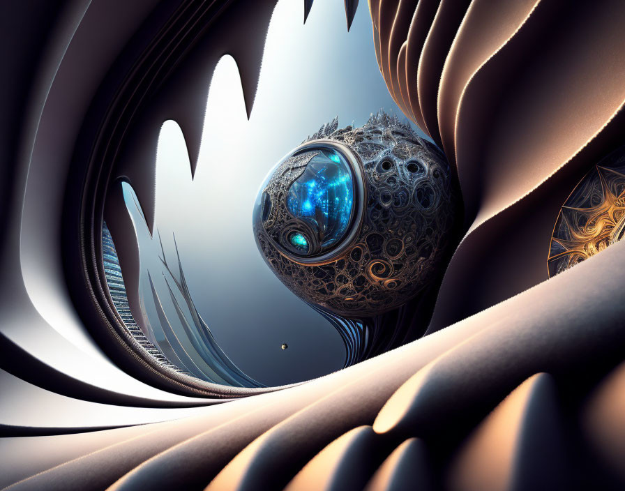 Detailed surreal digital artwork: Orb with intricate patterns and blue core, surrounded by organic brown structures on dark