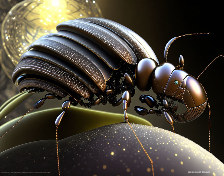 Detailed metallic robotic ant on textured sphere with glowing orbs.