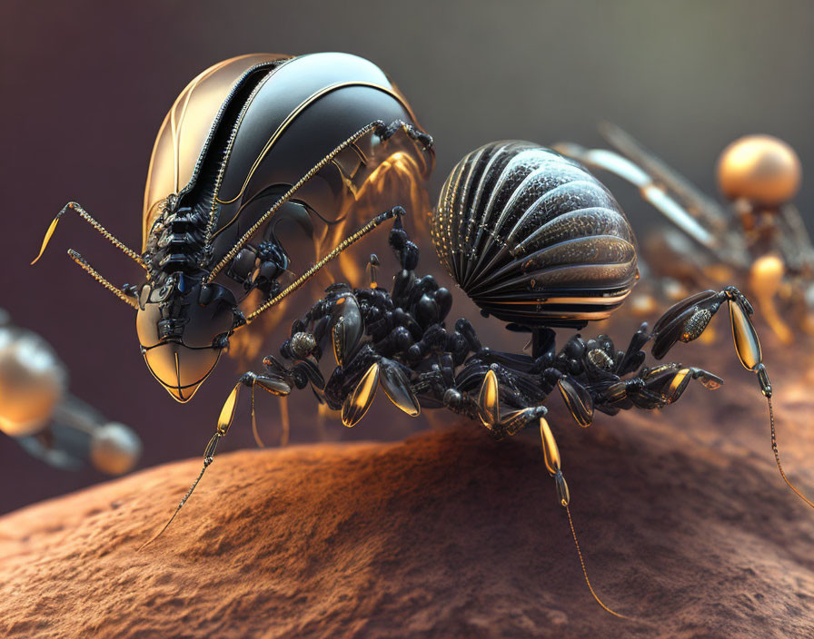 Detailed 3D rendering of metallic ants on rough terrain