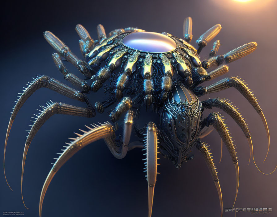 Intricate 3D mechanical spider with glowing elements on dark background