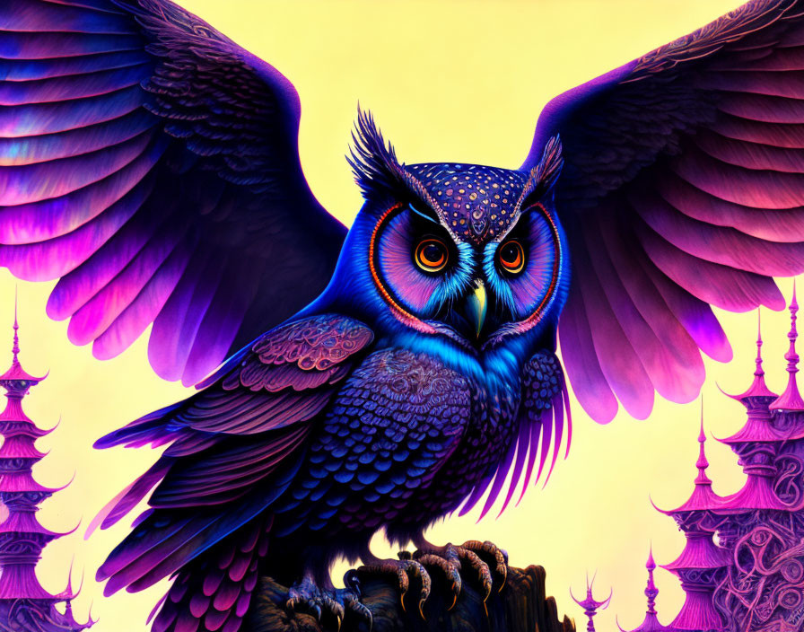 Colorful Stylized Owl Artwork with Intricate Feathers and Mystical Towers