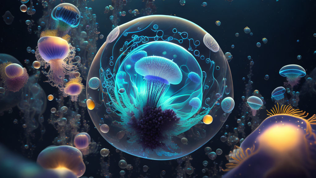 Vibrant jellyfish in dark underwater scene with transparent bubble structure