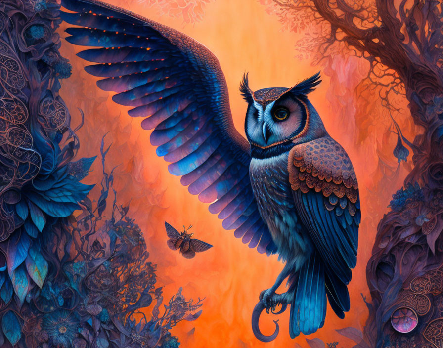 Detailed Owl Mid-Flight Illustration in Orange and Purple Fantasy Scene