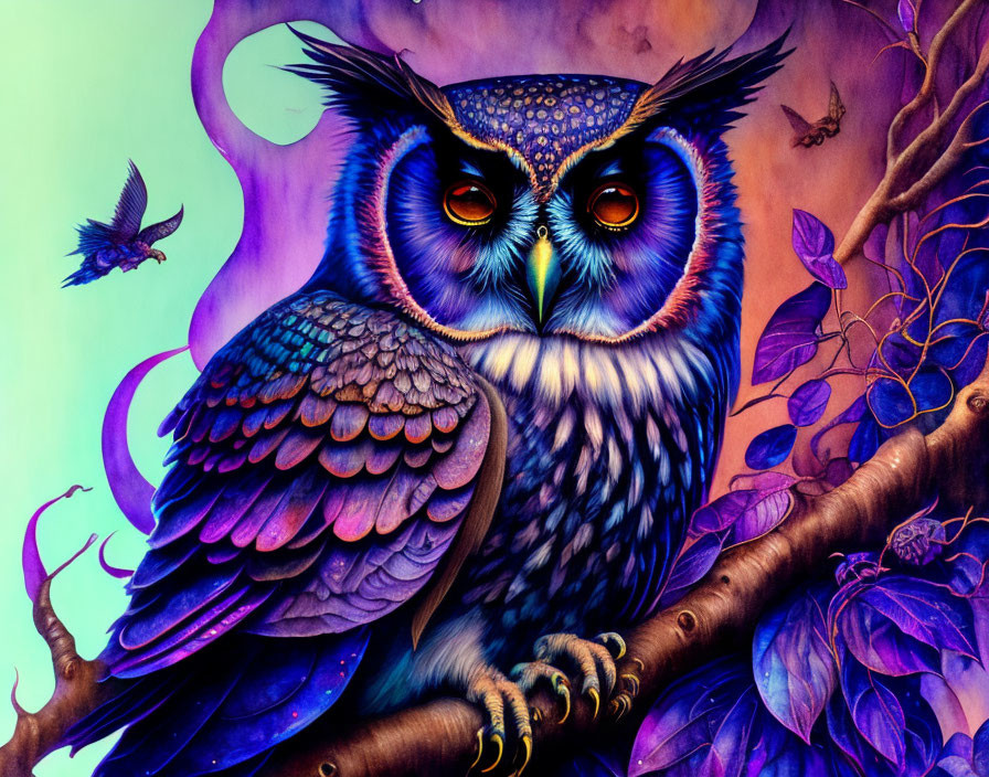 Colorful owl and bird artwork with intricate patterns on feathers and purple foliage