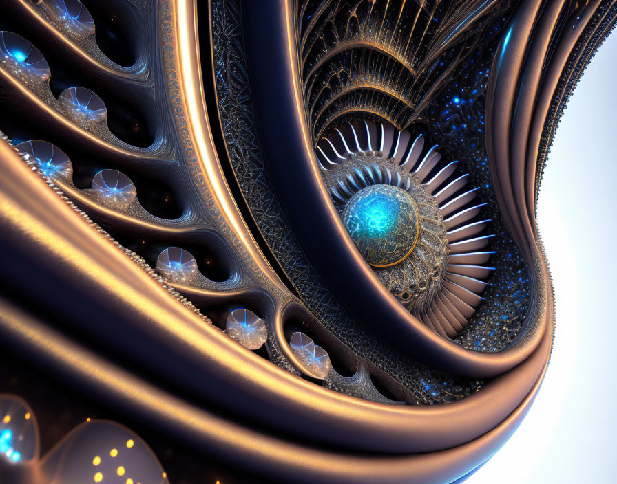 Golden and Blue Fractal Art with Ornate Patterns and Jewel-like Elements