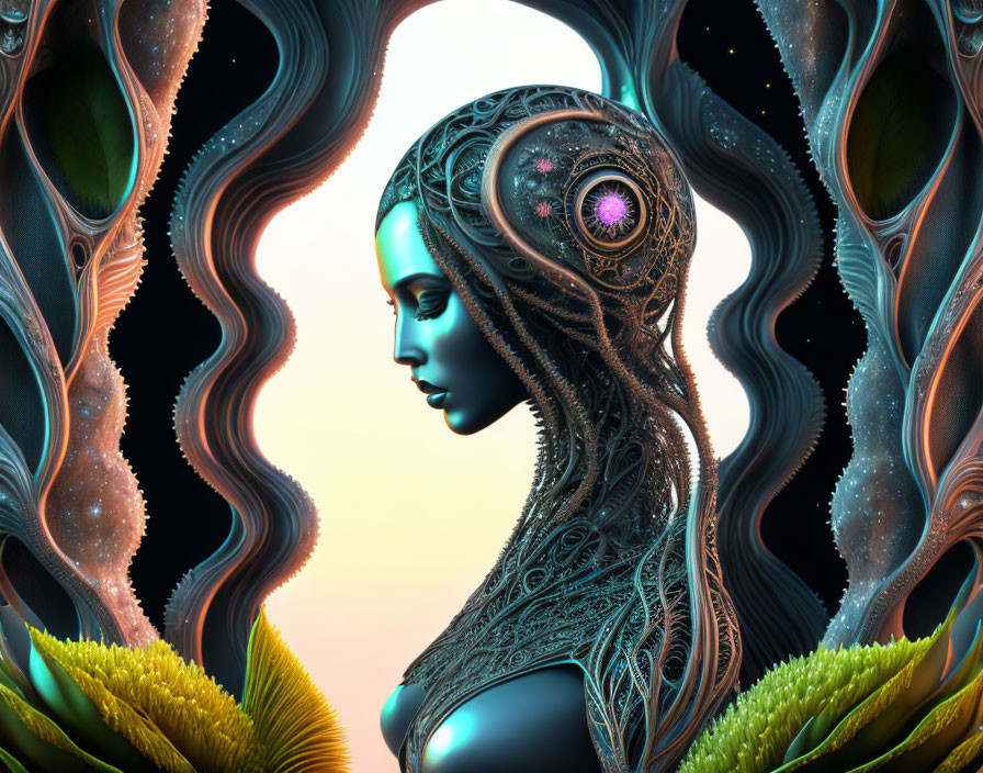 Intricate metallic female figure with surreal background