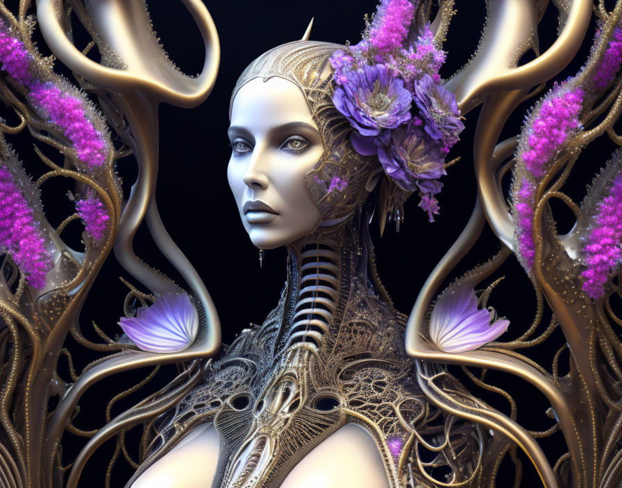 Metallic-skinned humanoid with organic sculptures and purple flora on dark background