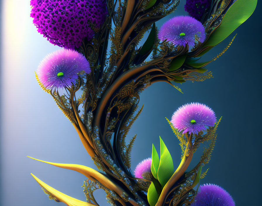 Vivid 3D-rendered image of fantastical metallic plant with purple flowers