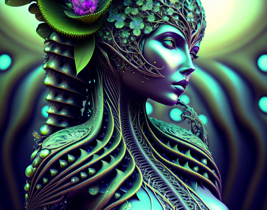 Elaborate fantasy digital art of woman with glowing elements