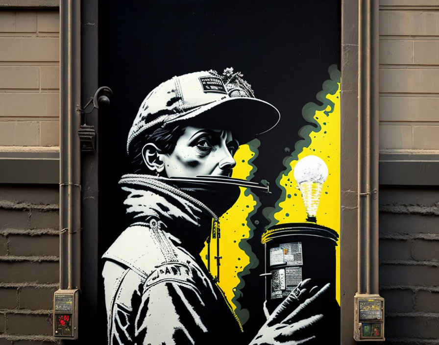 Vibrant mural of person in cap exhaling smoke turning into lightbulb on dark wall