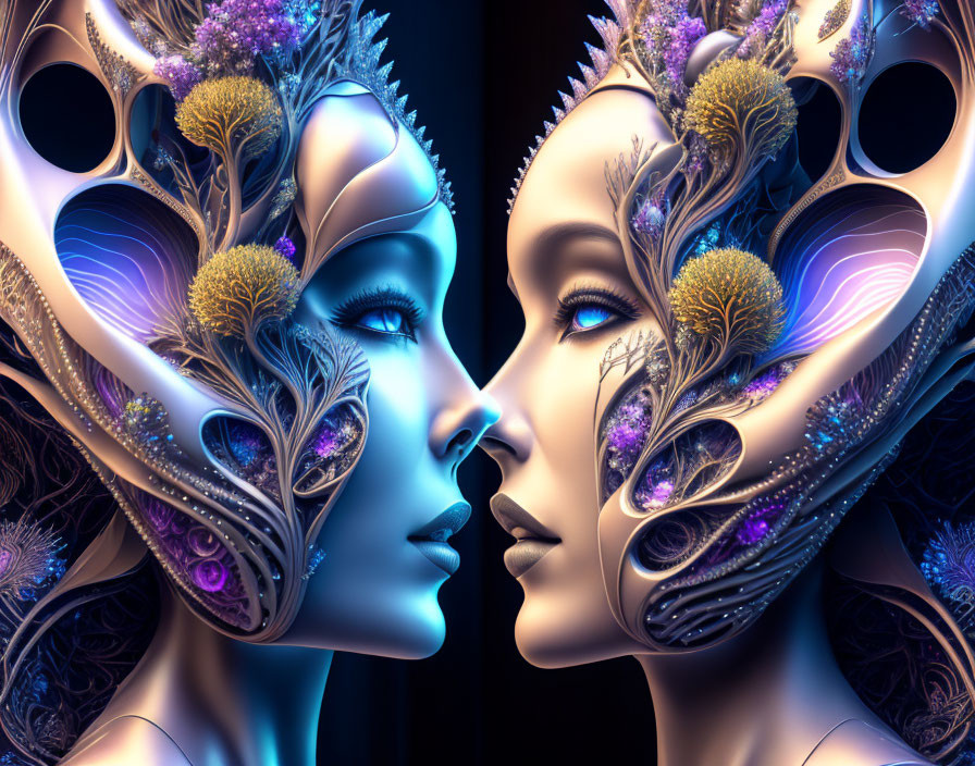 Symmetrical fantasy female faces with nature headdresses on dark background